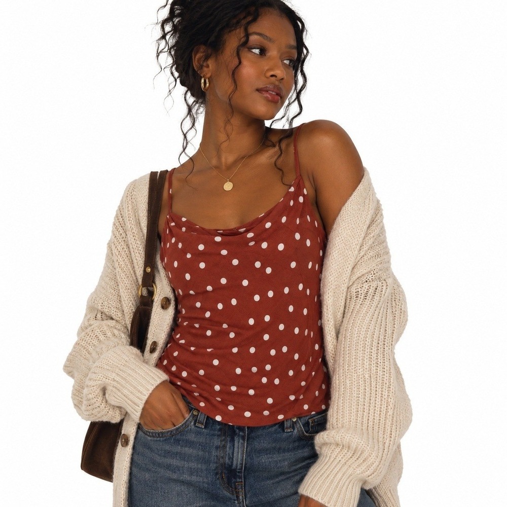 Elodie Cowl Neck Polka Dot Cami Top Terracotta Boho Keyhole Back Size S